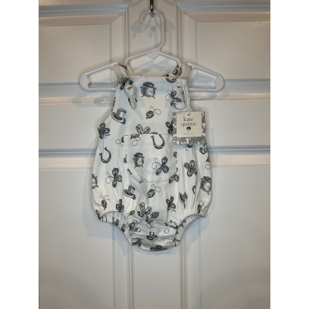 Kate Quinn Baby Girls Size 3-6 Months White Black Lucky Charms Clover Romper